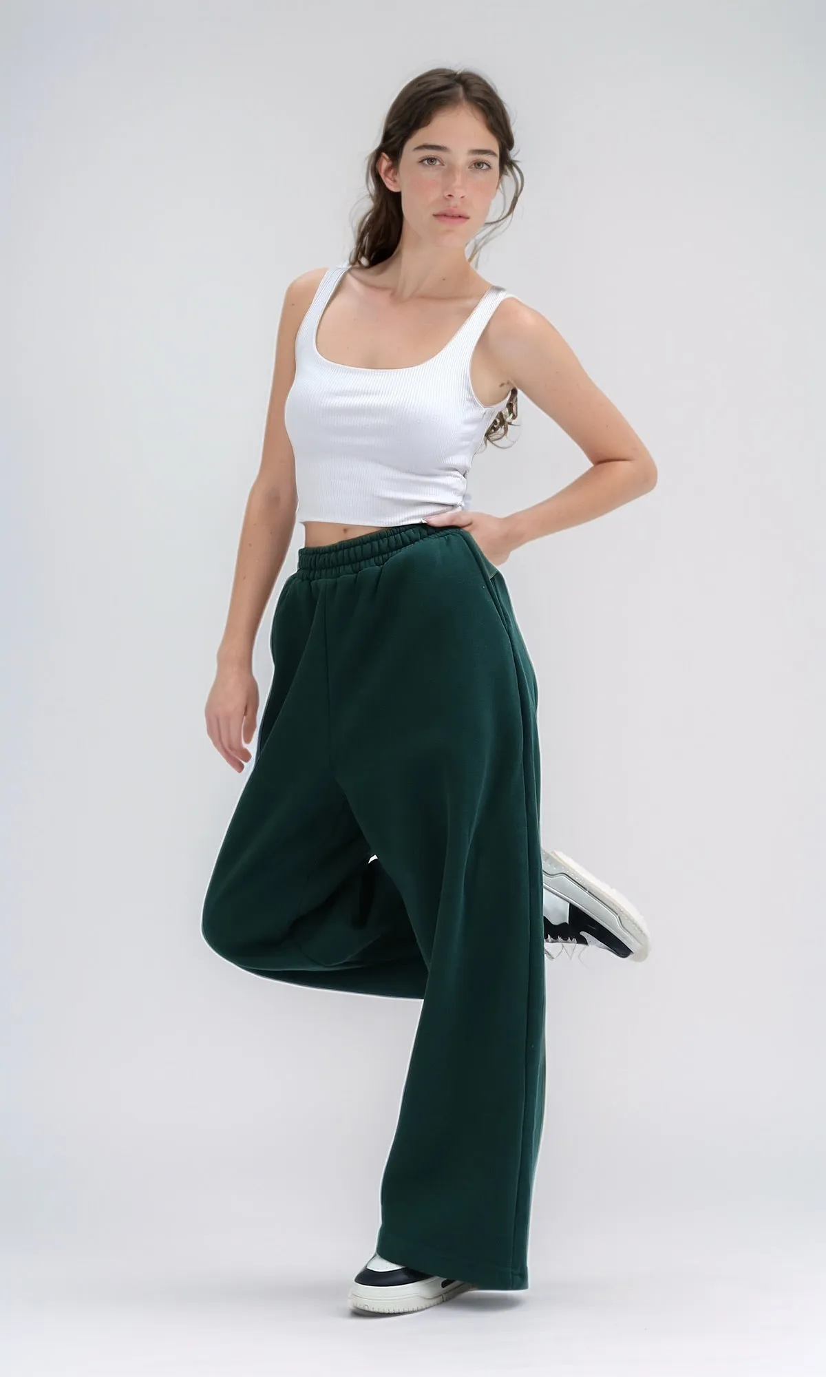 O199242 Elastic Waist Wide Leg Cotton Joggers - Dark Green