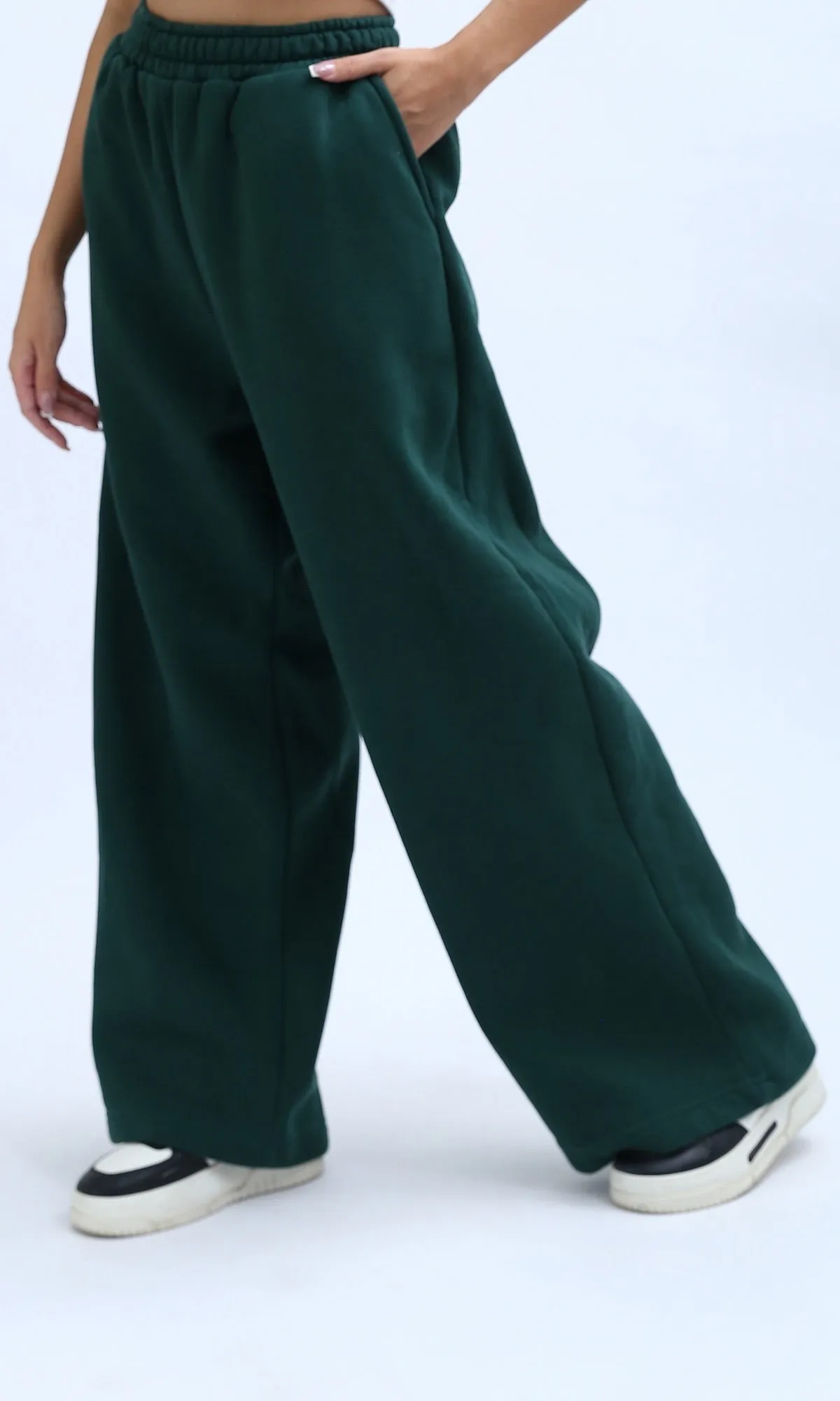 O199242 Elastic Waist Wide Leg Cotton Joggers - Dark Green