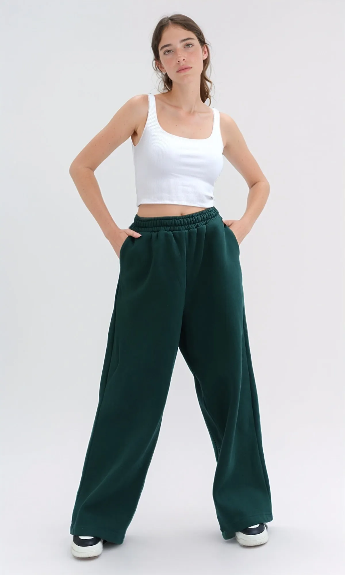 O199242 Elastic Waist Wide Leg Cotton Joggers - Dark Green