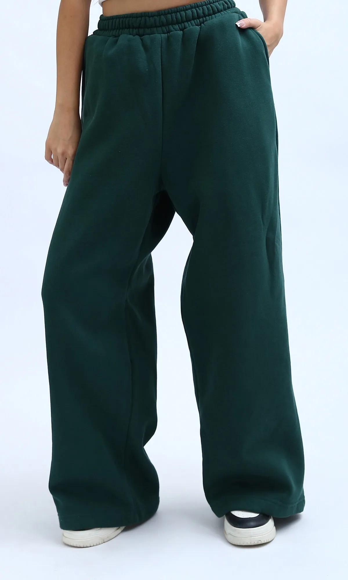 O199242 Elastic Waist Wide Leg Cotton Joggers - Dark Green