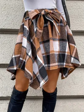 Olivia Tied Plaid Asymmetrical Hem Skirt