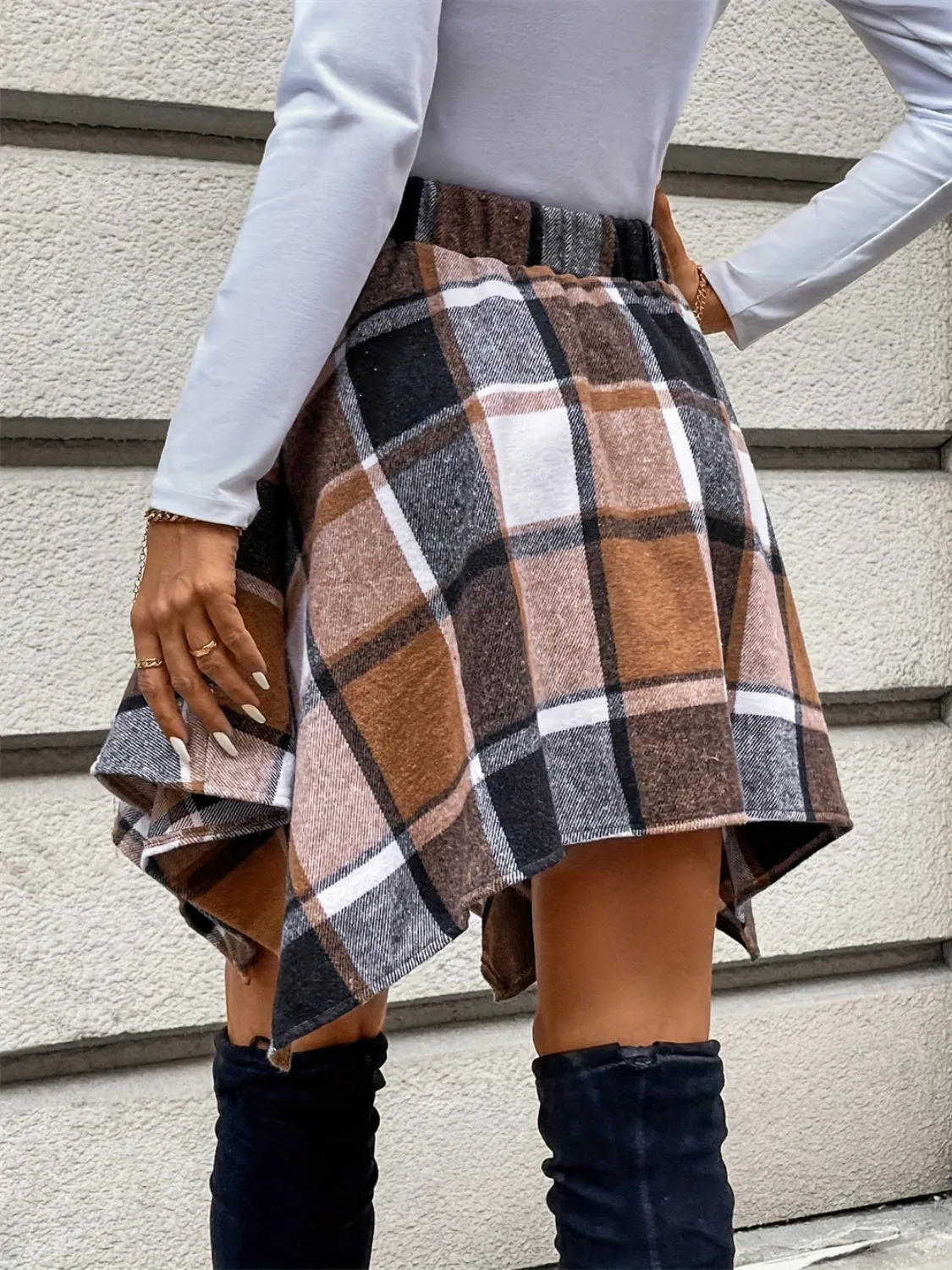Olivia Tied Plaid Asymmetrical Hem Skirt