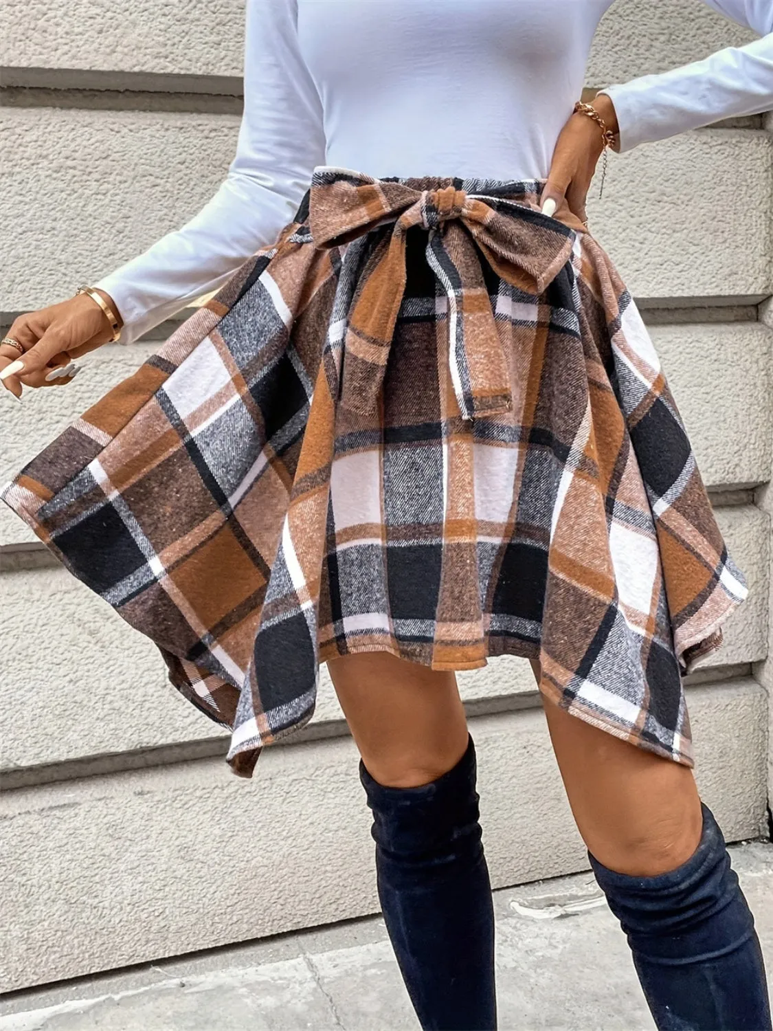 Olivia Tied Plaid Asymmetrical Hem Skirt