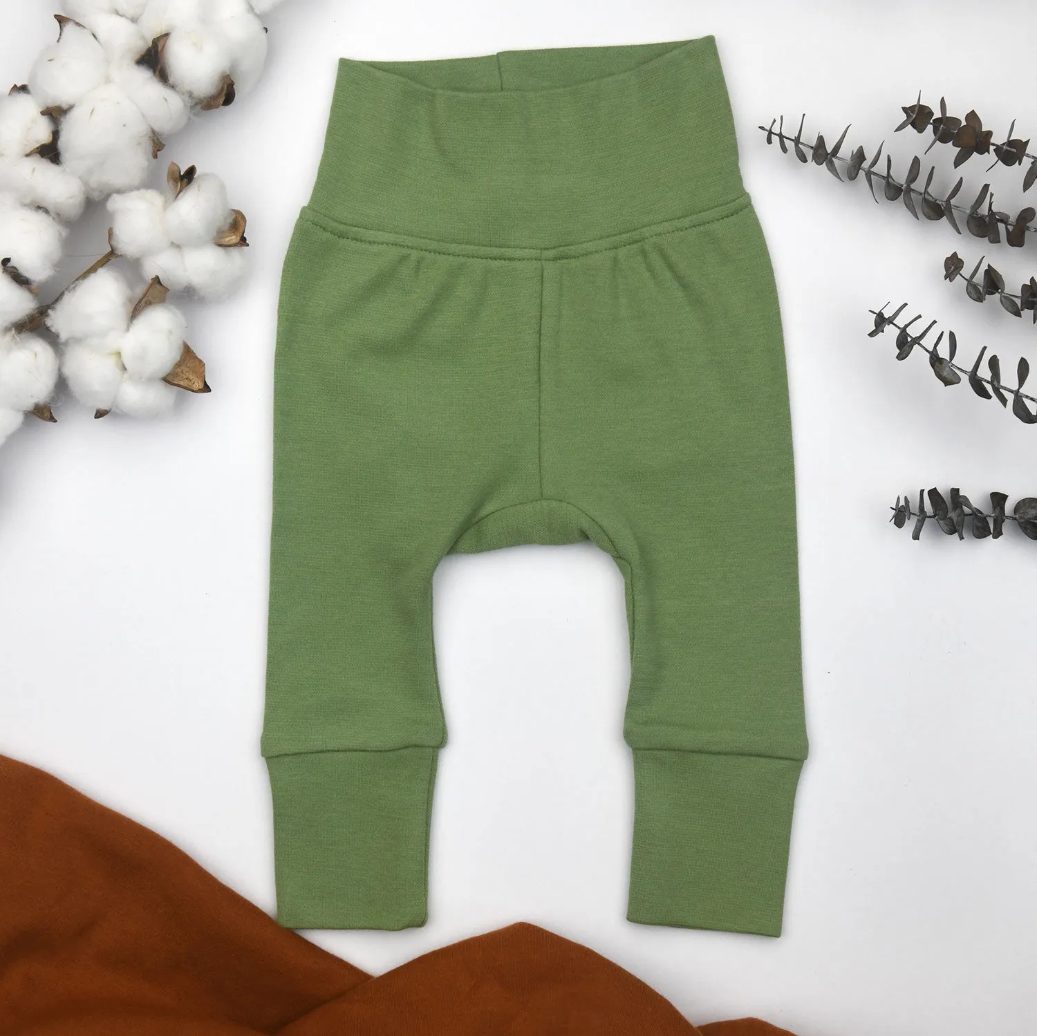 Organic Cotton High Waist Baby Pants, Sage Green