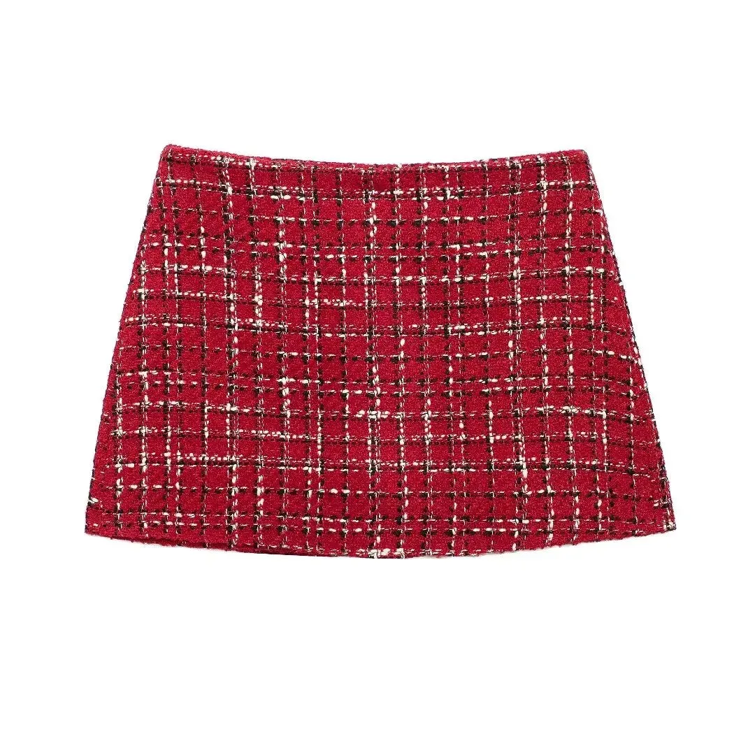 Plaid Lapel Coat and Side Zipper Short Suit