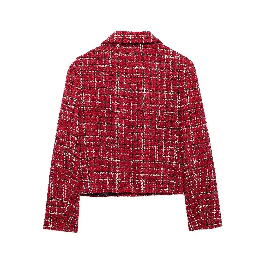 Plaid Lapel Coat and Side Zipper Short Suit