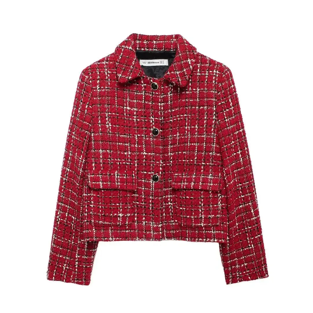 Plaid Lapel Coat and Side Zipper Short Suit