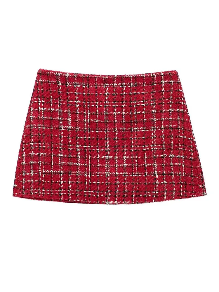 Plaid Lapel Coat and Side Zipper Short Suit