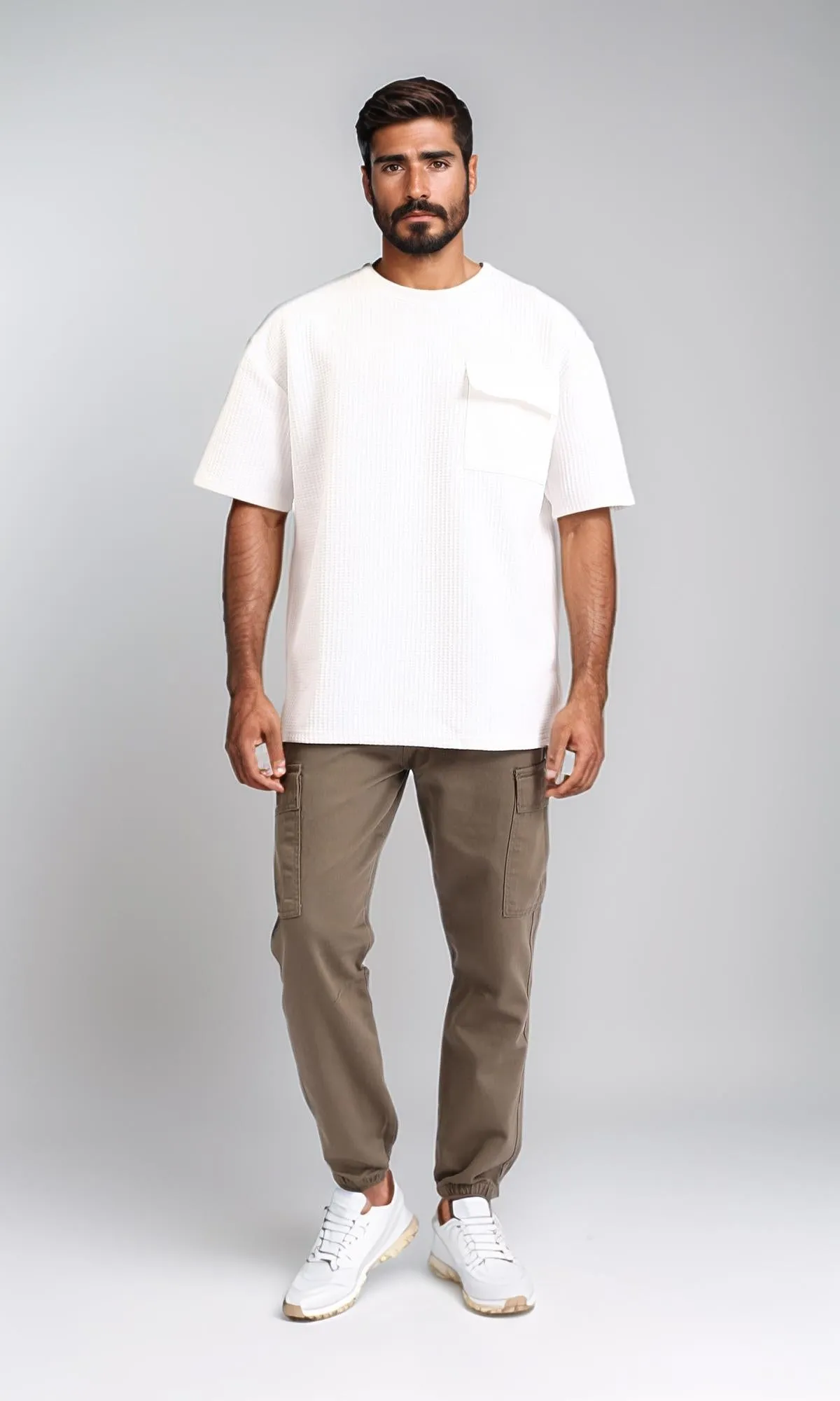 R208754-Casual Cotton Cargo Pants with Hem - Dark Coffee