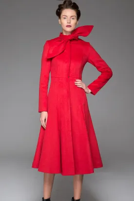Red Women's Coat - Long Elegant Sleek Simple Fitted Smart Tailored Winter Designer Coat with Scarf Collar & Concealed Closure 1408