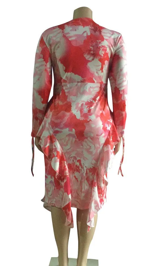 Round Neck Boho Floral Printed hollow Cut Out Ruffles Asymmetrical Dress