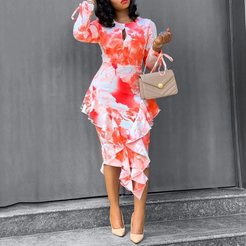 Round Neck Boho Floral Printed hollow Cut Out Ruffles Asymmetrical Dress