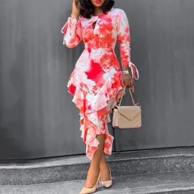 Round Neck Boho Floral Printed hollow Cut Out Ruffles Asymmetrical Dress