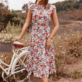Ruffle High Waist Elegant Midi Floral Holiday Casual Dress