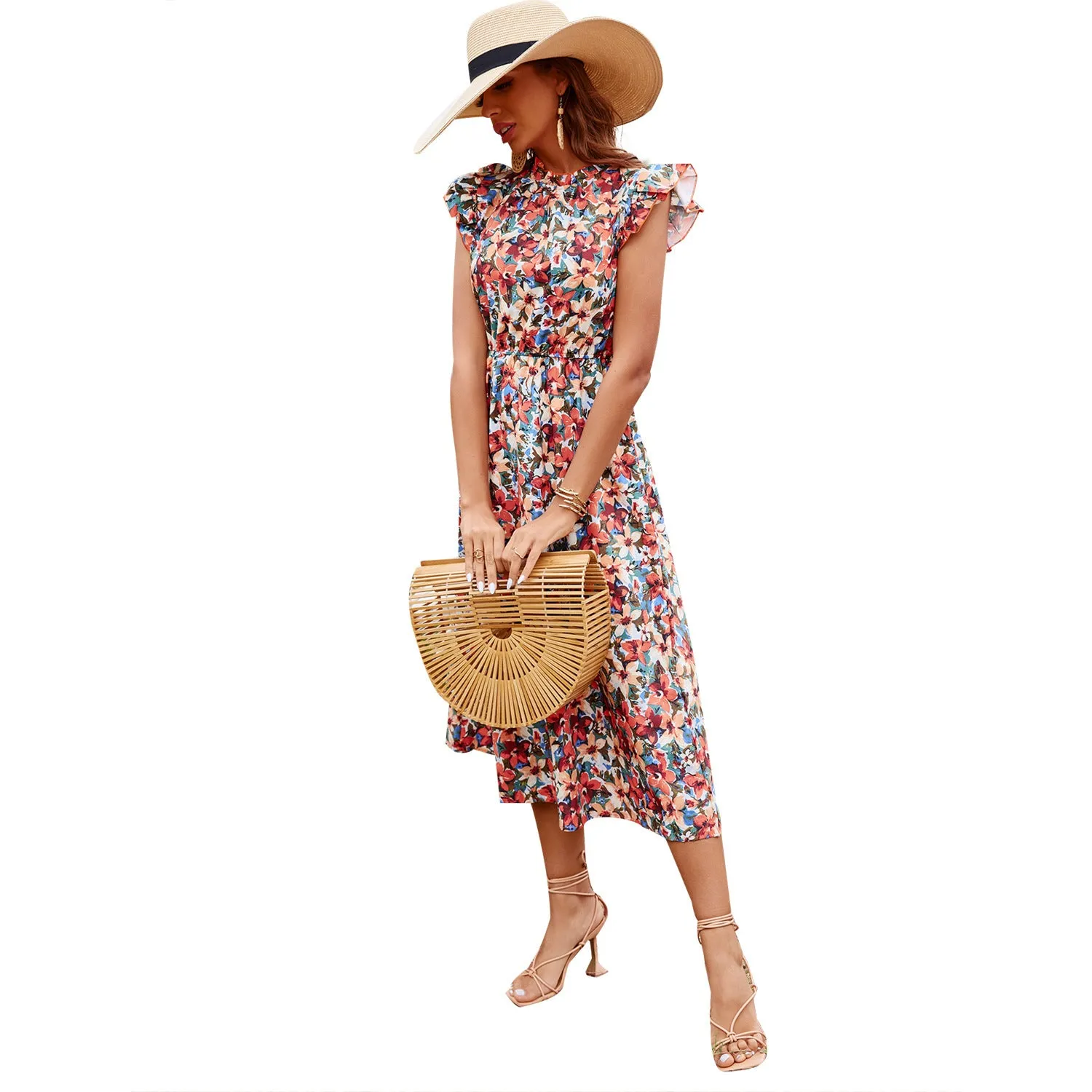 Ruffle High Waist Elegant Midi Floral Holiday Casual Dress