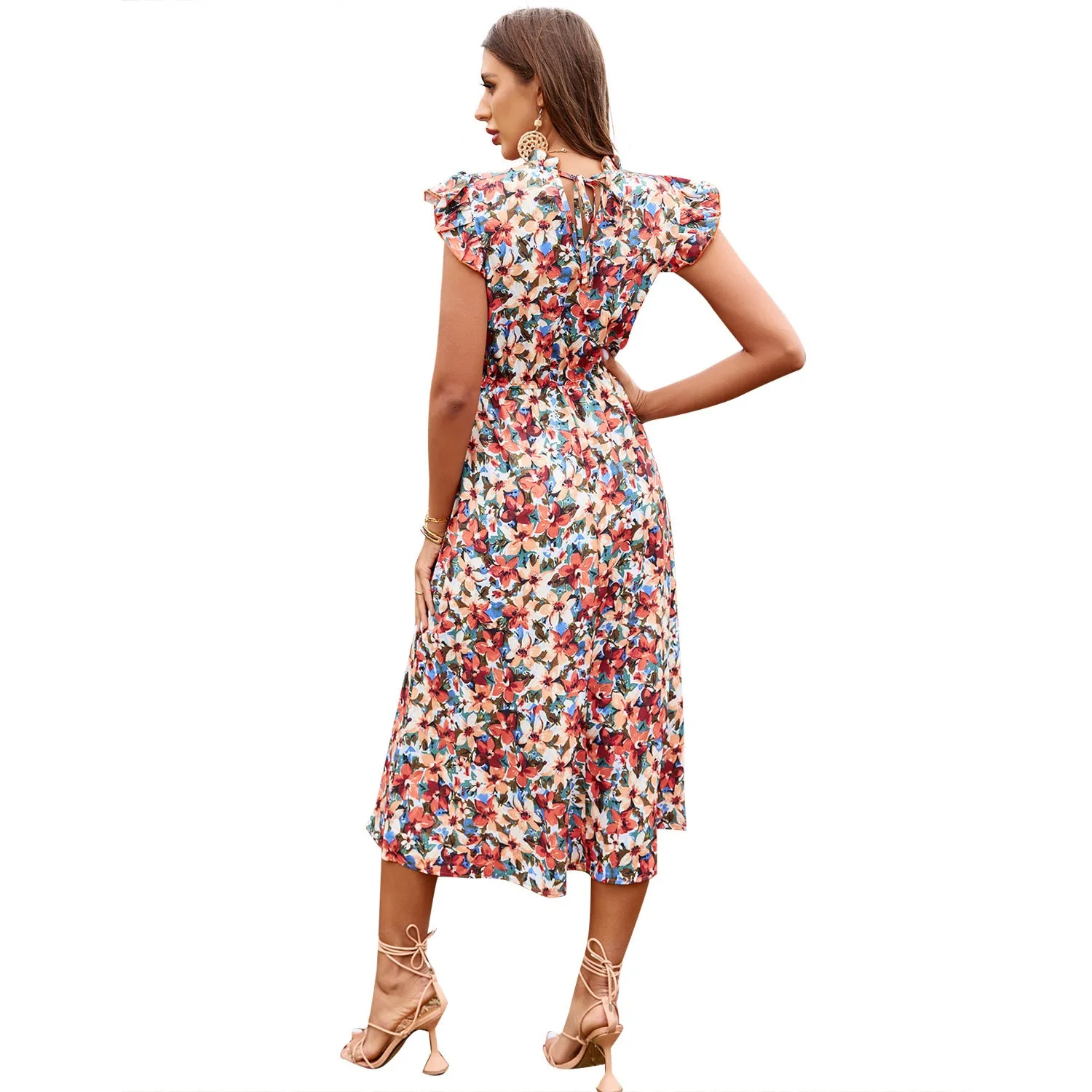Ruffle High Waist Elegant Midi Floral Holiday Casual Dress