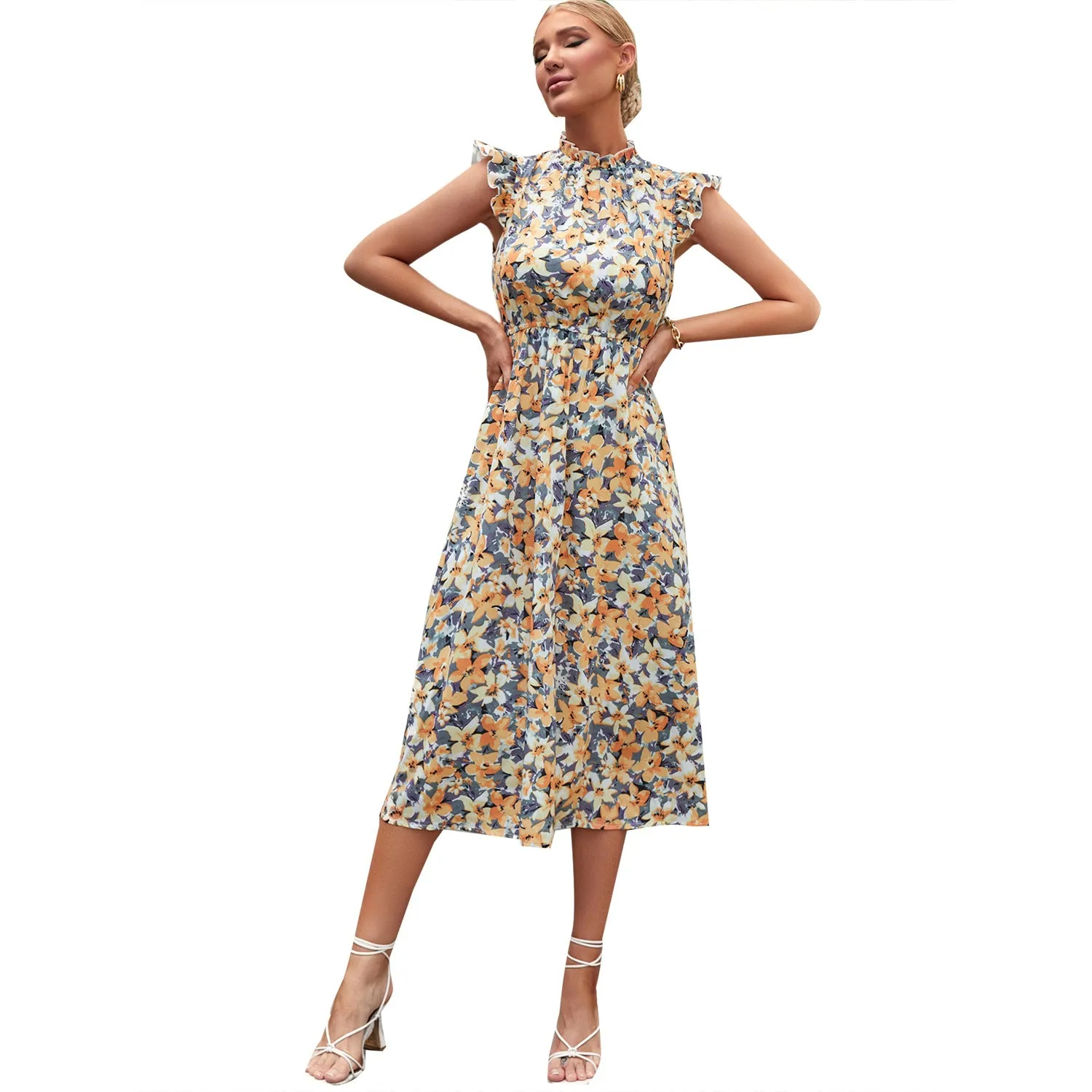 Ruffle High Waist Elegant Midi Floral Holiday Casual Dress