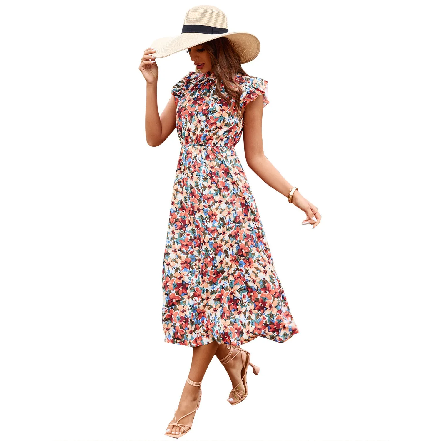 Ruffle High Waist Elegant Midi Floral Holiday Casual Dress