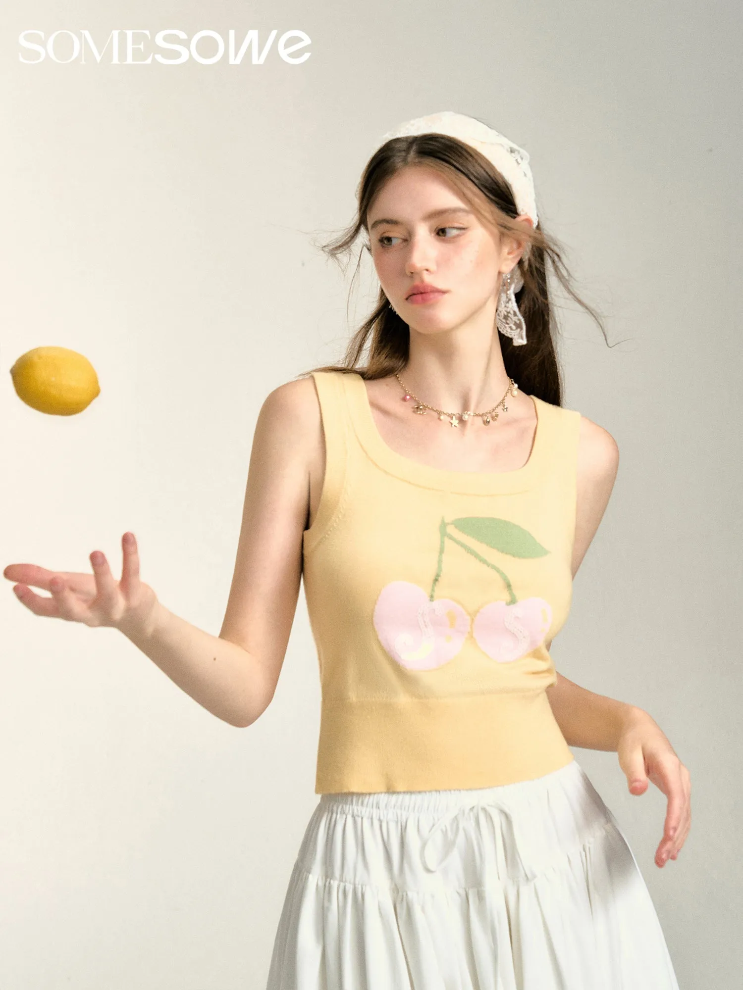 Sequined Cherry Knit Tank Top in Yellow