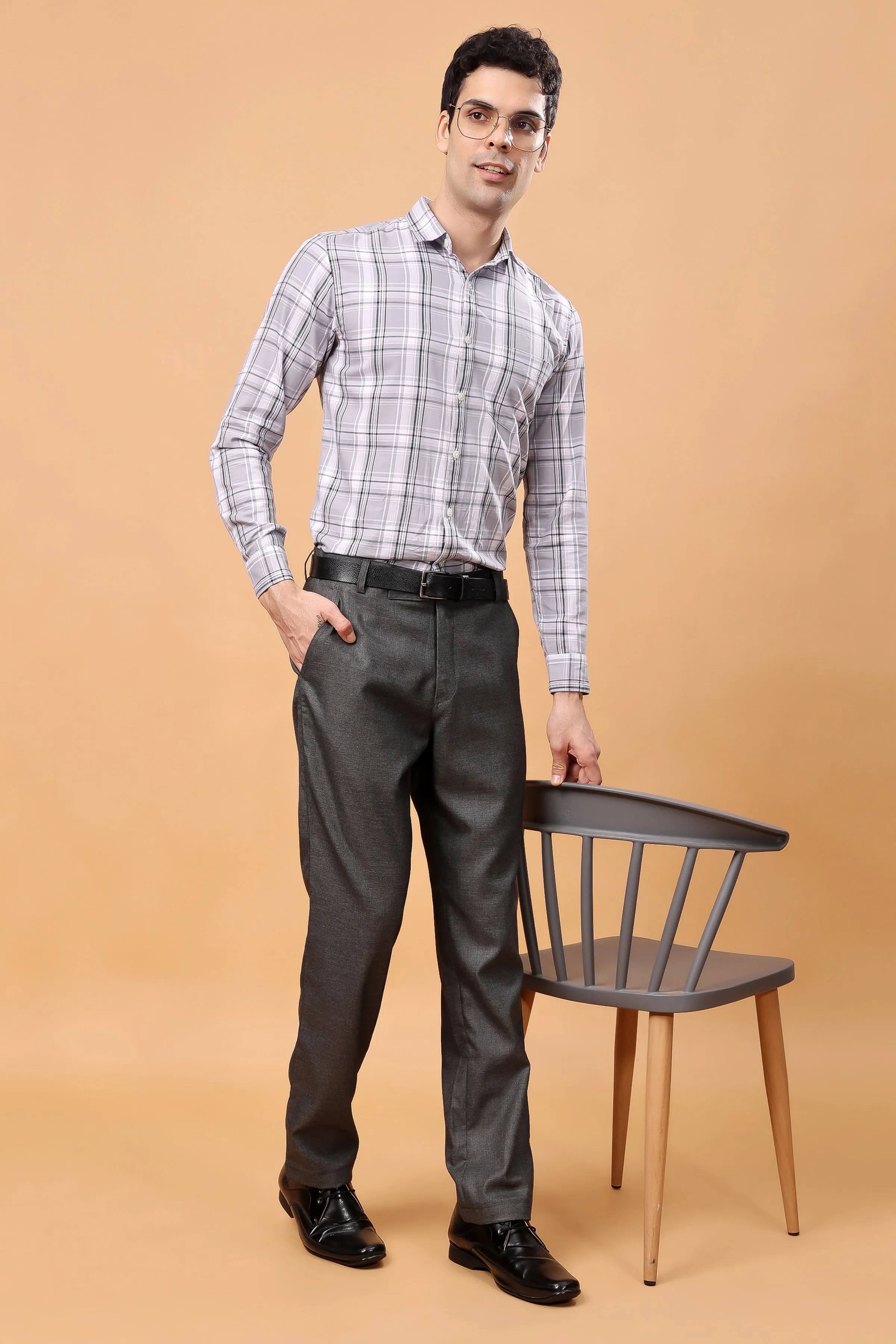Smoke Grey Textured Stretch Trousers
