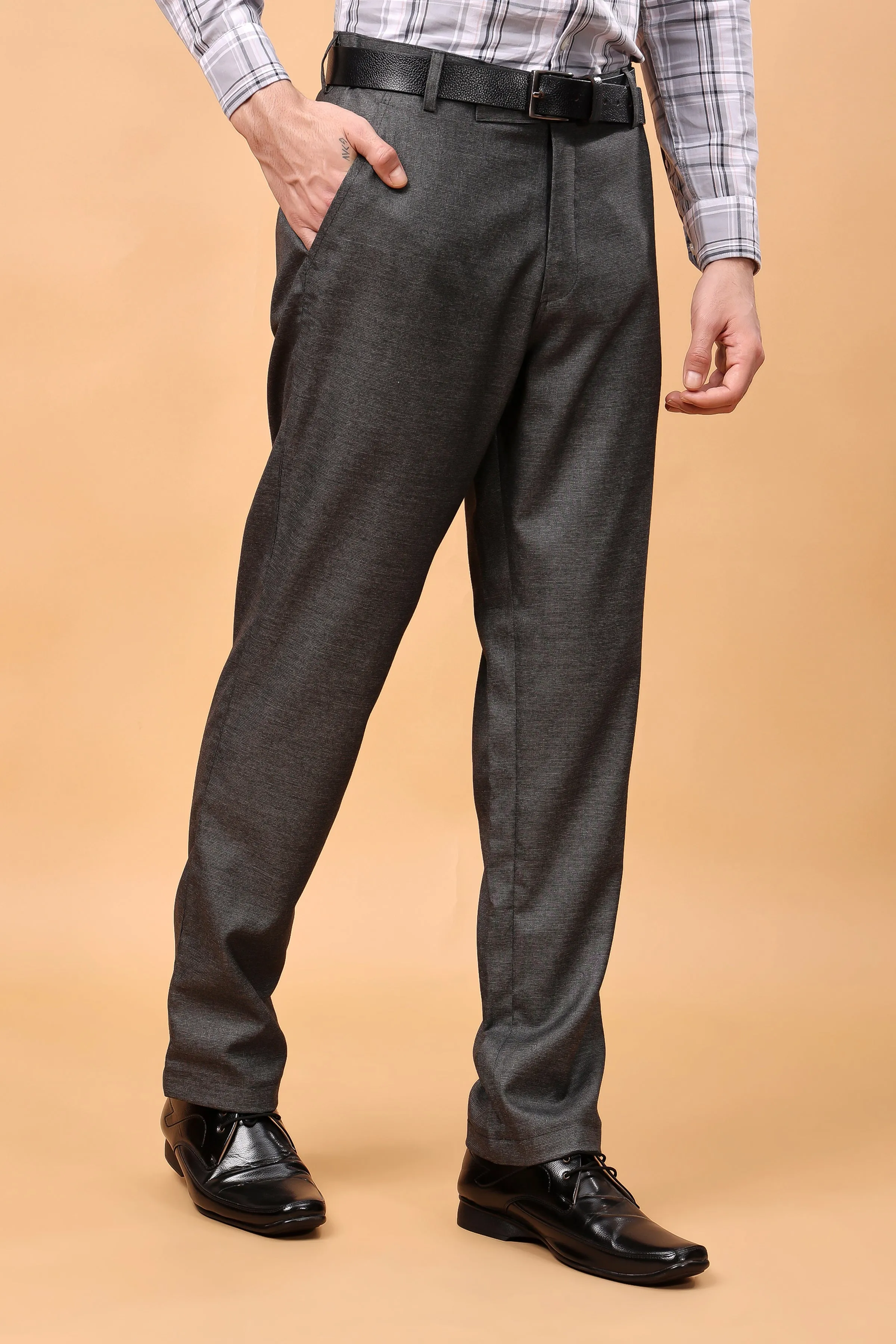 Smoke Grey Textured Stretch Trousers