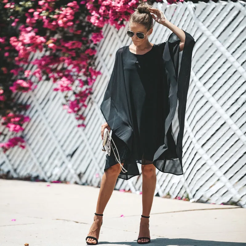 Solid color casual lady wear knee length fashion loose latest design plain chiffon dress women
