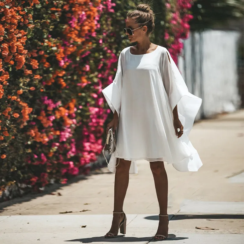 Solid color casual lady wear knee length fashion loose latest design plain chiffon dress women