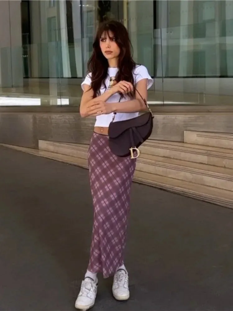 Sonicelife   Pink Plaid Midi Skirt High Waist Korean Fashion Clothing Causal Slim Skirts for Women Temperament Aesthetic Elegent Ropa Mujer