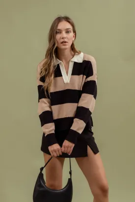 STRIPE CONTRAST COLLAR LONG SLEEVE KNIT SWEATER