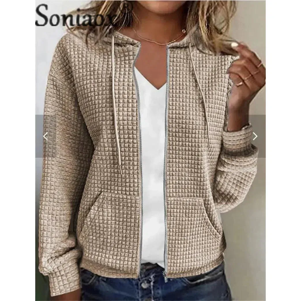 Stylish Hooded Zipper Cardigan with Pockets - Cozy Plaid Jacquard Sweatshirt for Women - Perfect for Autumn & Winter Wear