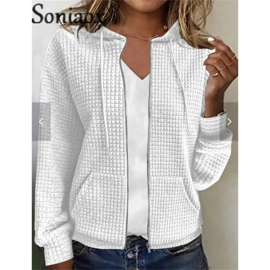 Stylish Hooded Zipper Cardigan with Pockets - Cozy Plaid Jacquard Sweatshirt for Women - Perfect for Autumn & Winter Wear