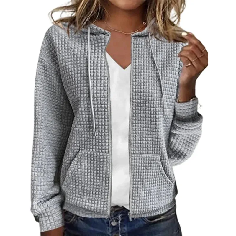 Stylish Hooded Zipper Cardigan with Pockets - Cozy Plaid Jacquard Sweatshirt for Women - Perfect for Autumn & Winter Wear