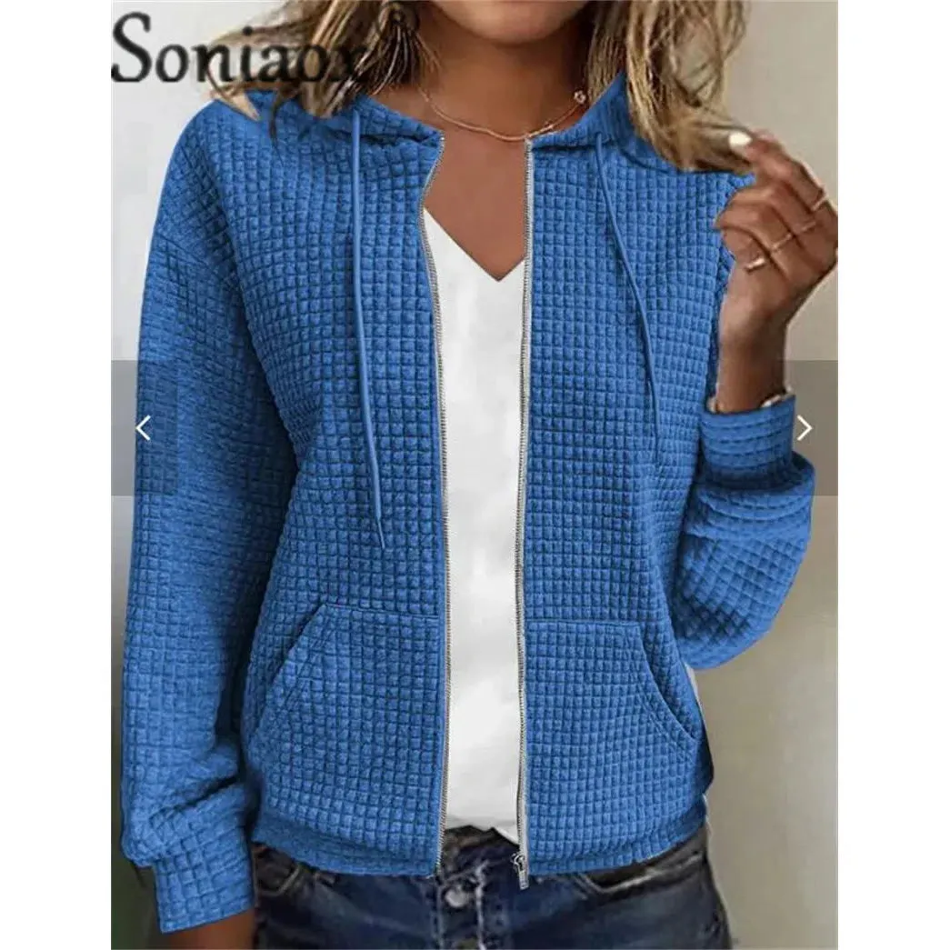 Stylish Hooded Zipper Cardigan with Pockets - Cozy Plaid Jacquard Sweatshirt for Women - Perfect for Autumn & Winter Wear