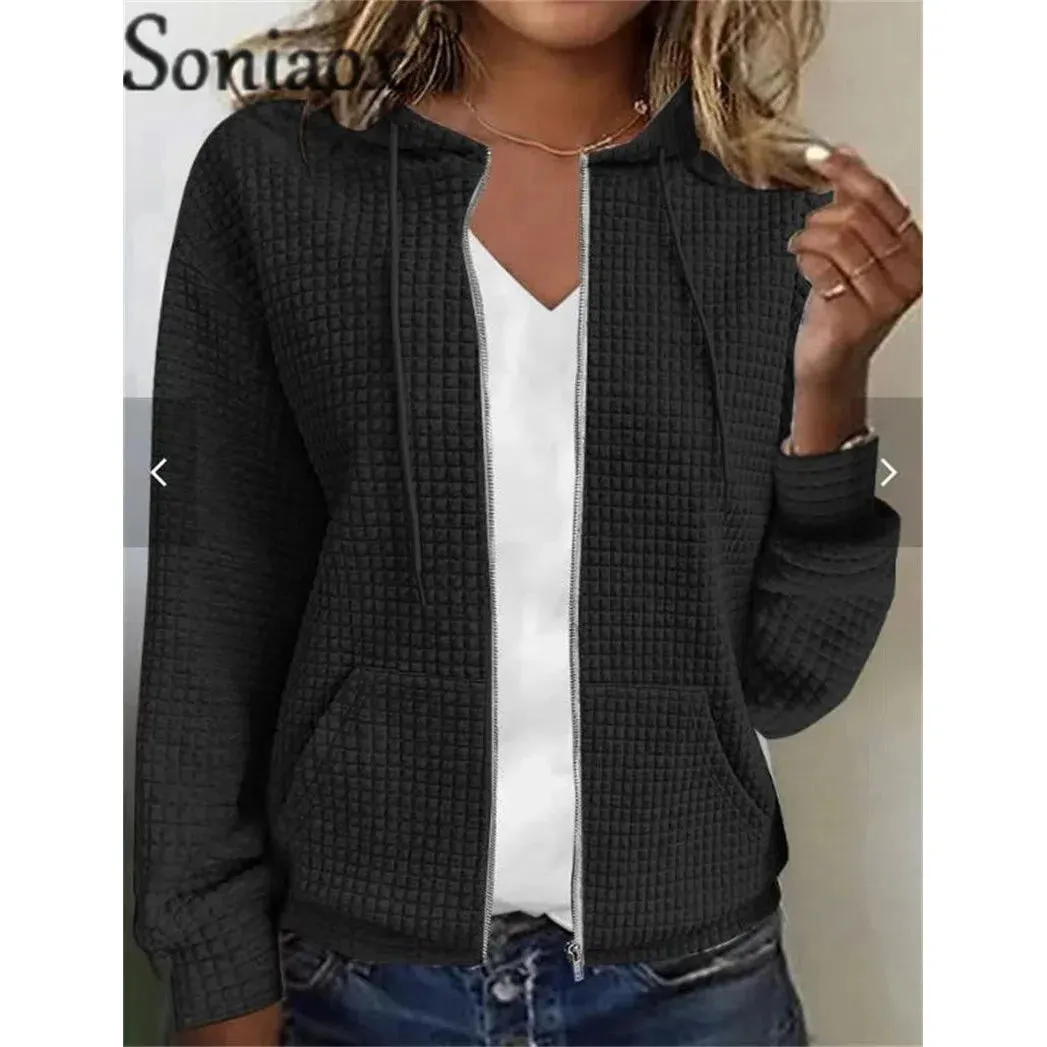 Stylish Hooded Zipper Cardigan with Pockets - Cozy Plaid Jacquard Sweatshirt for Women - Perfect for Autumn & Winter Wear