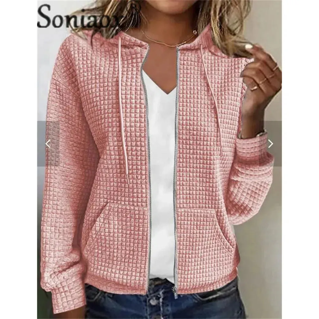 Stylish Hooded Zipper Cardigan with Pockets - Cozy Plaid Jacquard Sweatshirt for Women - Perfect for Autumn & Winter Wear