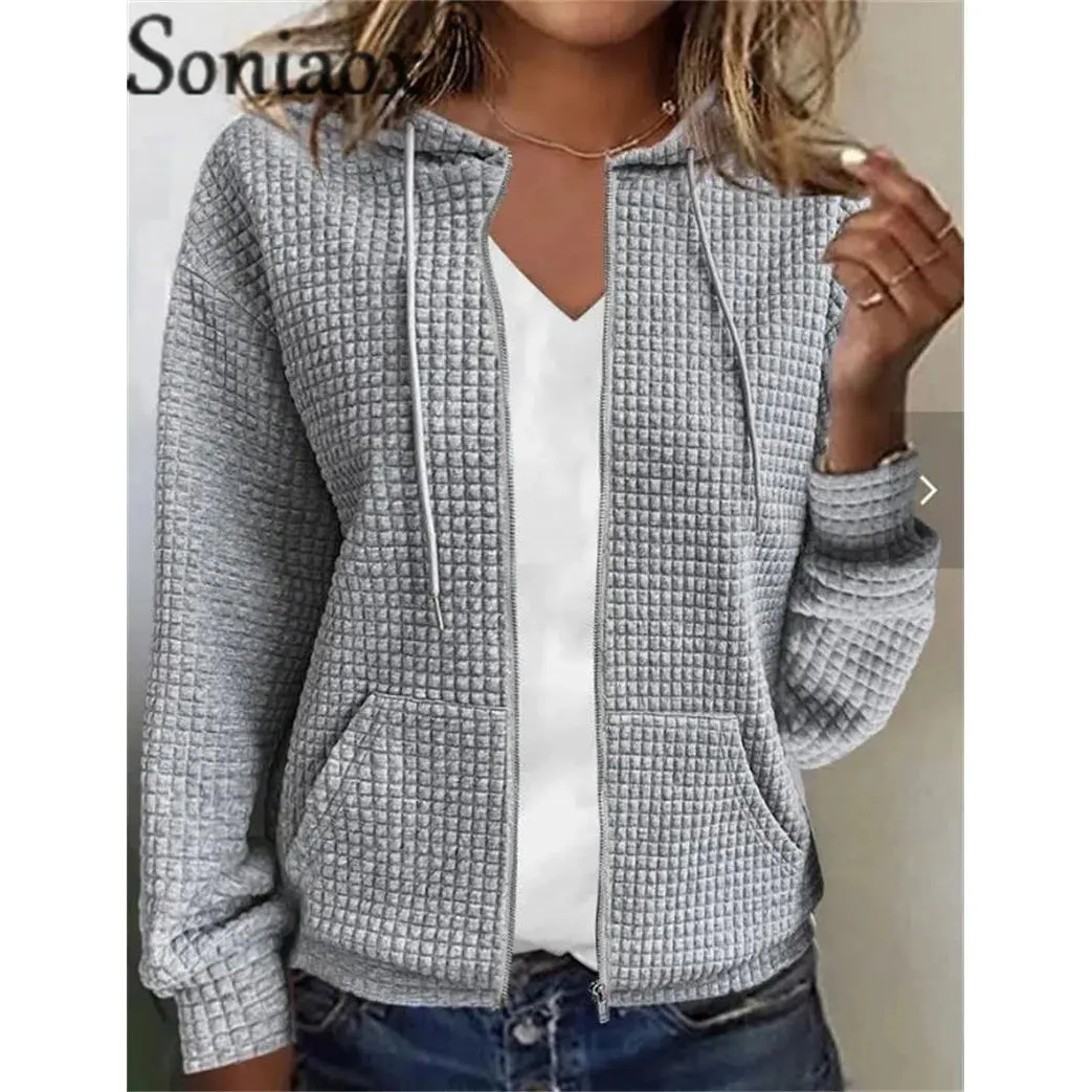 Stylish Hooded Zipper Cardigan with Pockets - Cozy Plaid Jacquard Sweatshirt for Women - Perfect for Autumn & Winter Wear