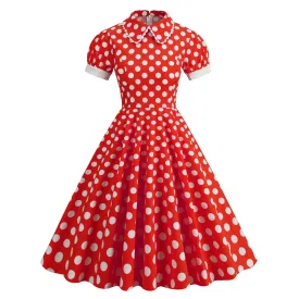Vintage Peter Pan Lace Short Sleeve Polka Dot Slim Holiday Palace Style Sisters Dress