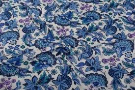 White & Blue Printed Satin Fabric