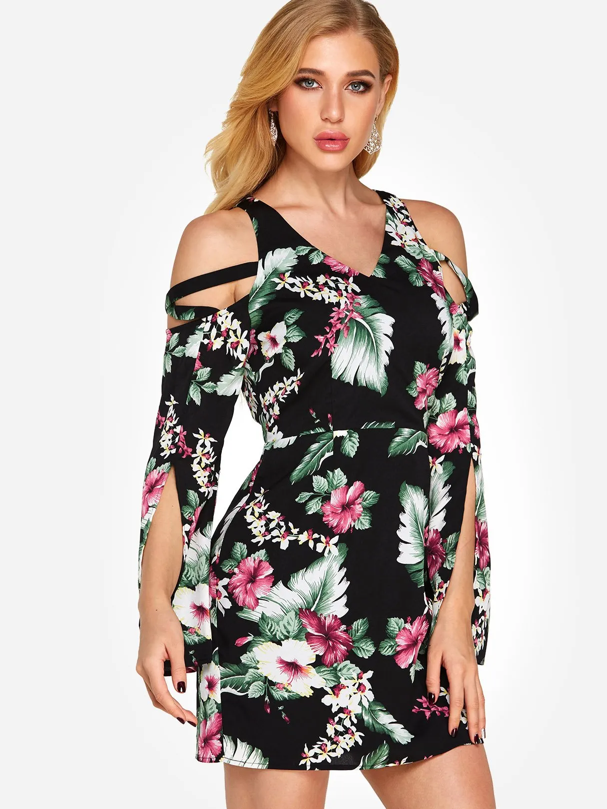 Wholesale Black V-Neck Cold Shoulder Long Sleeve Floral Print Lace-Up Slit Dresses