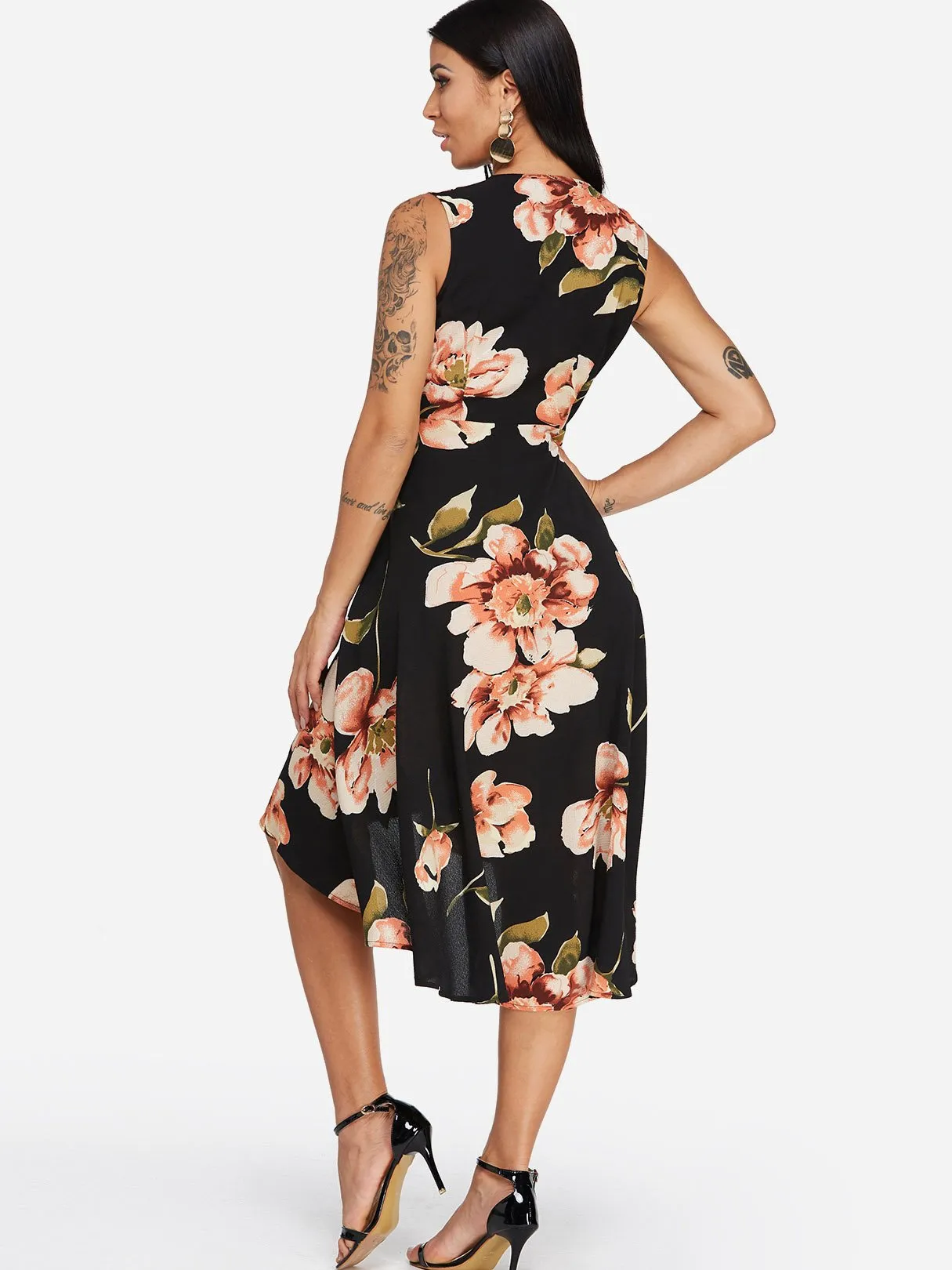 Wholesale Black V-Neck Sleeveless Floral Print Irregular Hem Dresses