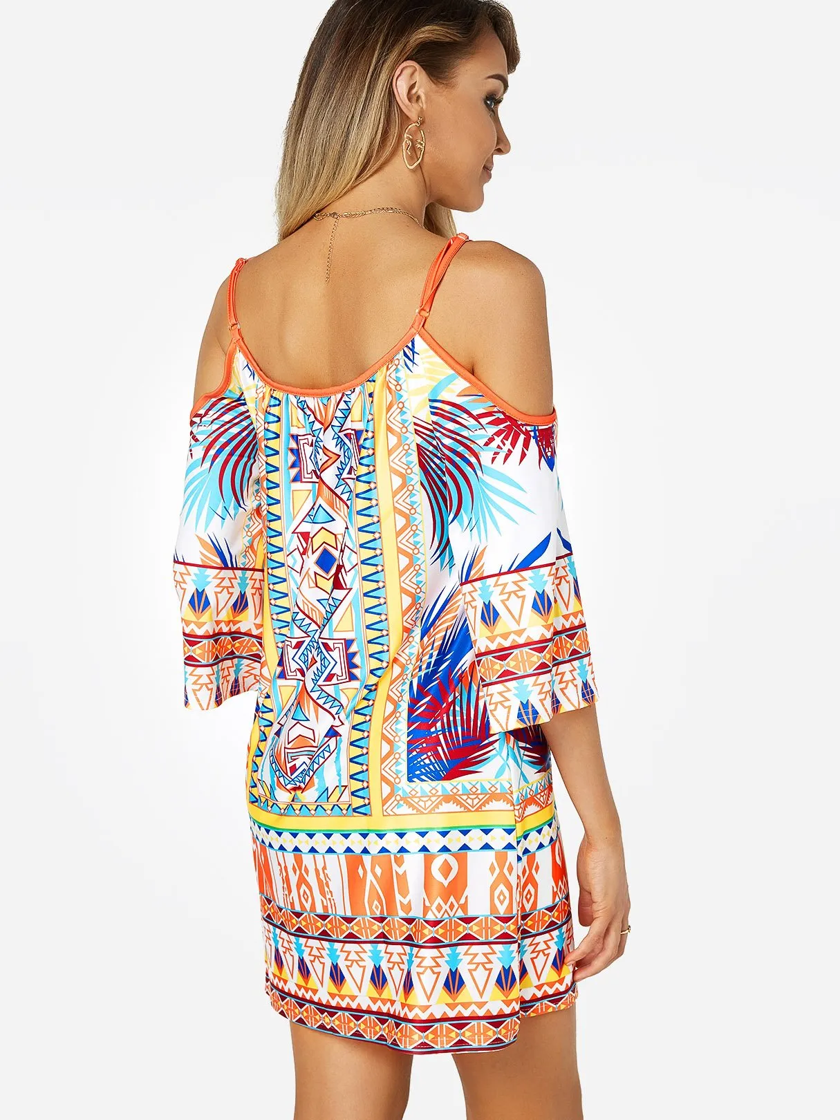 Wholesale Scoop Neck Cold Shoulder Half Sleeve Floral Print Backless Spaghetti Strap Dresses