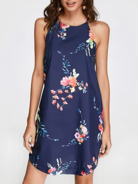Wholesale Sleeveless Round Neck Floral Print Curved Hem Navy Dresses