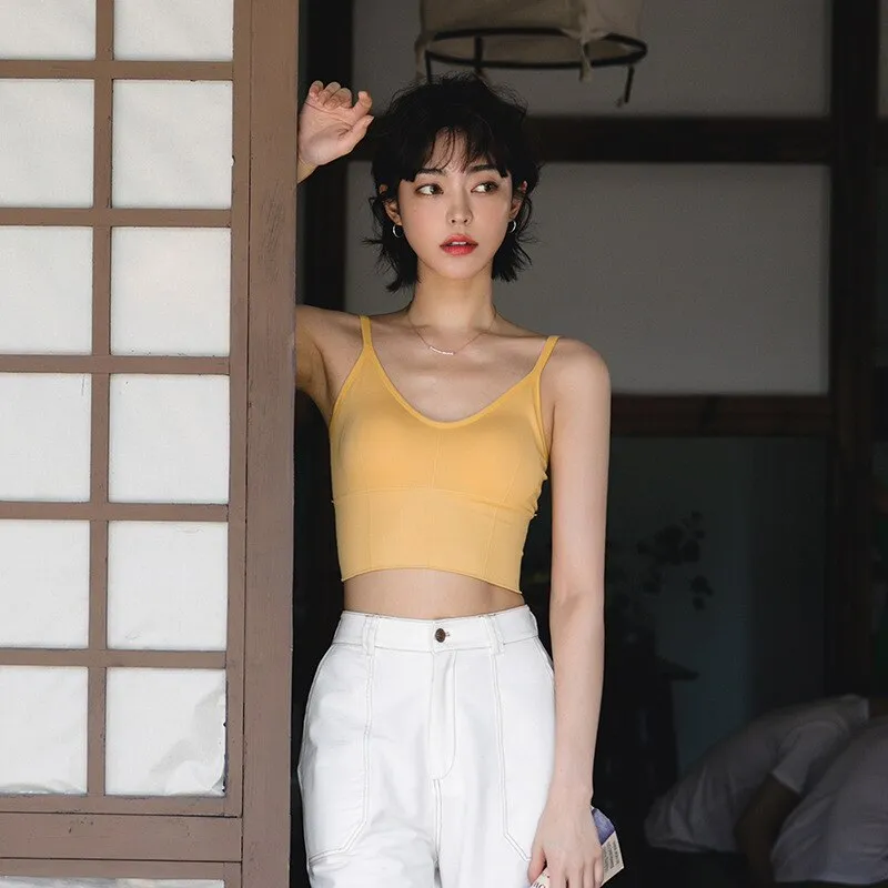 Wjczt Sexy Crop Top Women V-Neck Big U Shape Beautiful Back Padded Tank Top Push Up Wireless Comfortable Underwear 2022 New