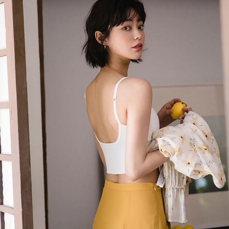 Wjczt Sexy Crop Top Women V-Neck Big U Shape Beautiful Back Padded Tank Top Push Up Wireless Comfortable Underwear 2022 New