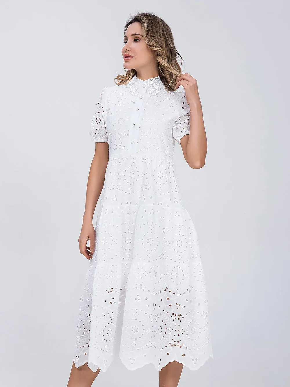 Women Cotton Hollow Out Summer White dress - WD8188