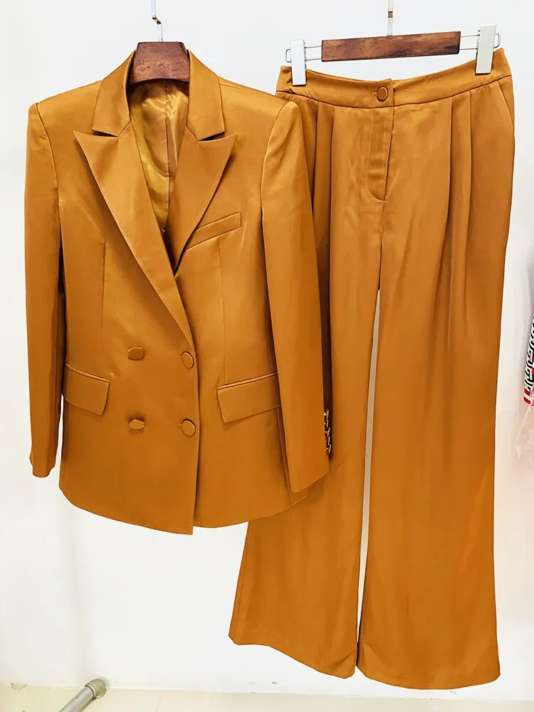 Womens Business Suit Set Women's Double Breasted Satin Silk Lapel Blazer Wide Leg Pants Set