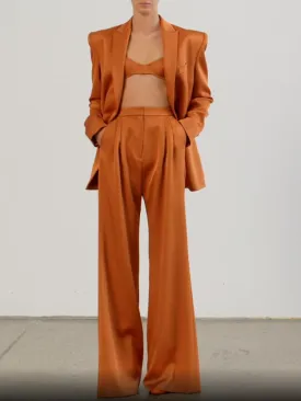Womens Business Suit Set Women's Double Breasted Satin Silk Lapel Blazer Wide Leg Pants Set