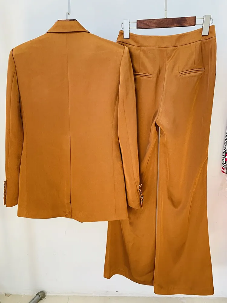 Womens Business Suit Set Women's Double Breasted Satin Silk Lapel Blazer Wide Leg Pants Set