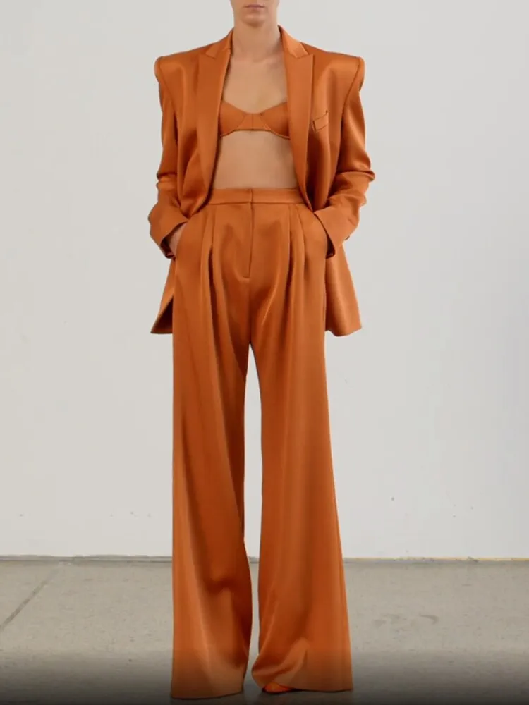 Womens Business Suit Set Women's Double Breasted Satin Silk Lapel Blazer Wide Leg Pants Set
