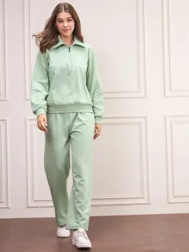 Women's Green Fleece Solid Track Suit - Stylestone
